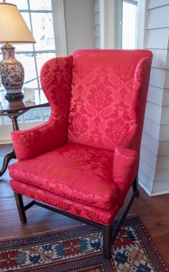 Upholstered George III, Mahogany Wing Chair detail