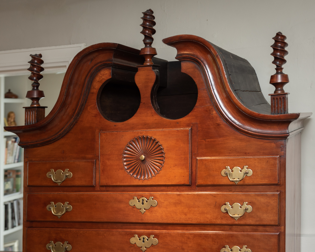 Queen Anne Cherry Bonnet Top Highboy - top detail