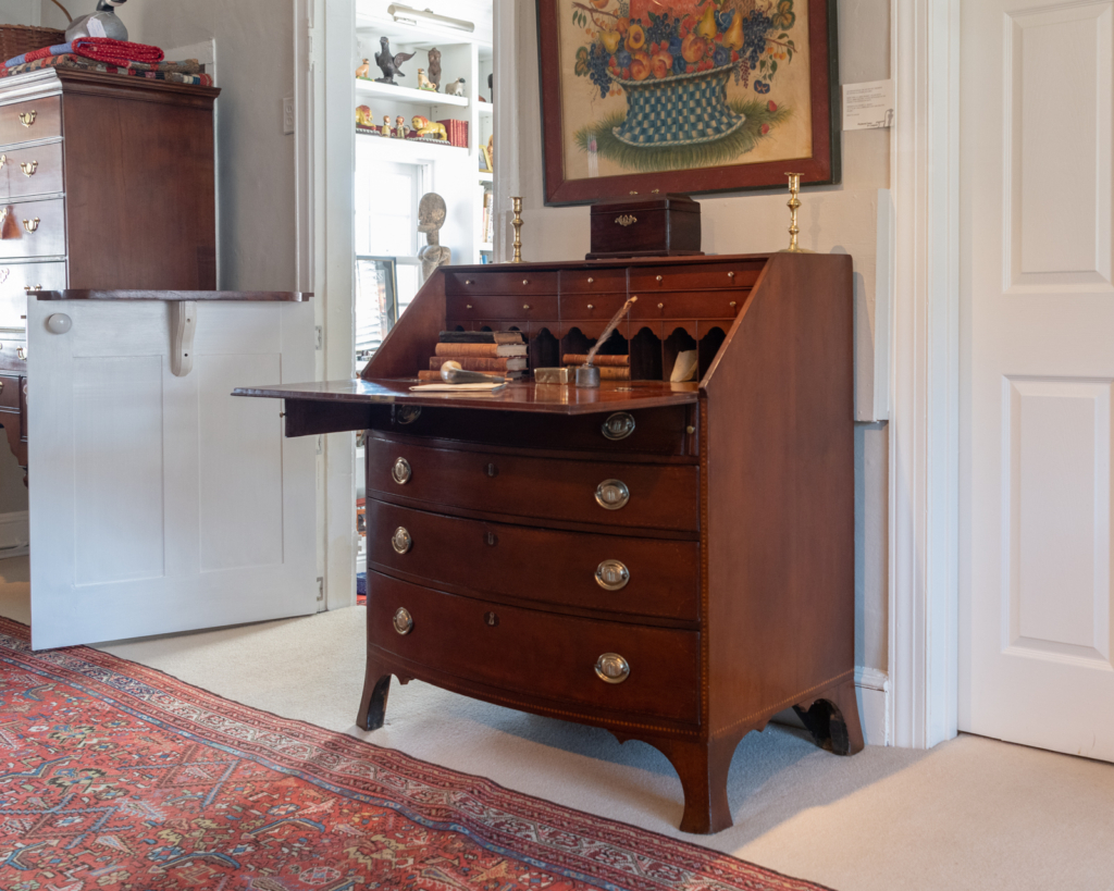 Chippendale Cherry Inlaid Bow Front Slant-Lid Desk - open