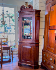 George III, Fruit Wood Architectural Two-Part Corner Cupboard