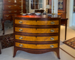 Federal Mahogany Tigermaple Inlaid Bowfront Chest Of Drawers